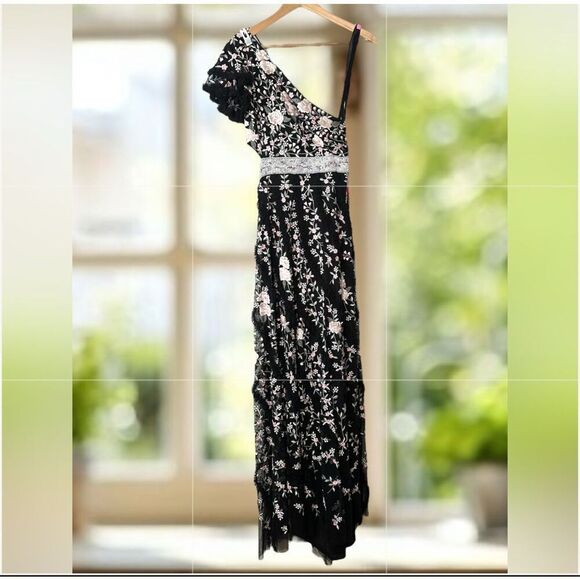Mac Duggal Embroidered One Shoulder Gown Black Floral Lace up Dress NWT - Picture 2 of 16
